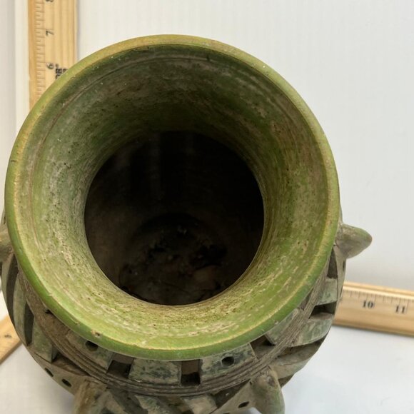 Vintage Green Pottery Lantern Vase Pierced Ceramic Rustic Garden Decor - Picture 2 of 4